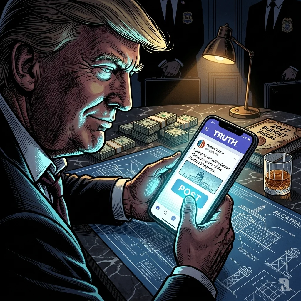 Trump hunches over a glowing smartphone, thumb hovering over “POST” on Truth Social app.