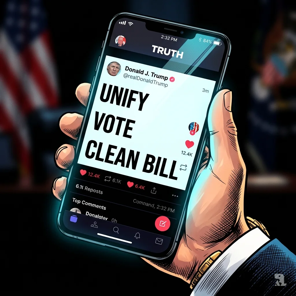Close-up of a smartphone screen showing a Truth Social post urging unified vote on clean bill.