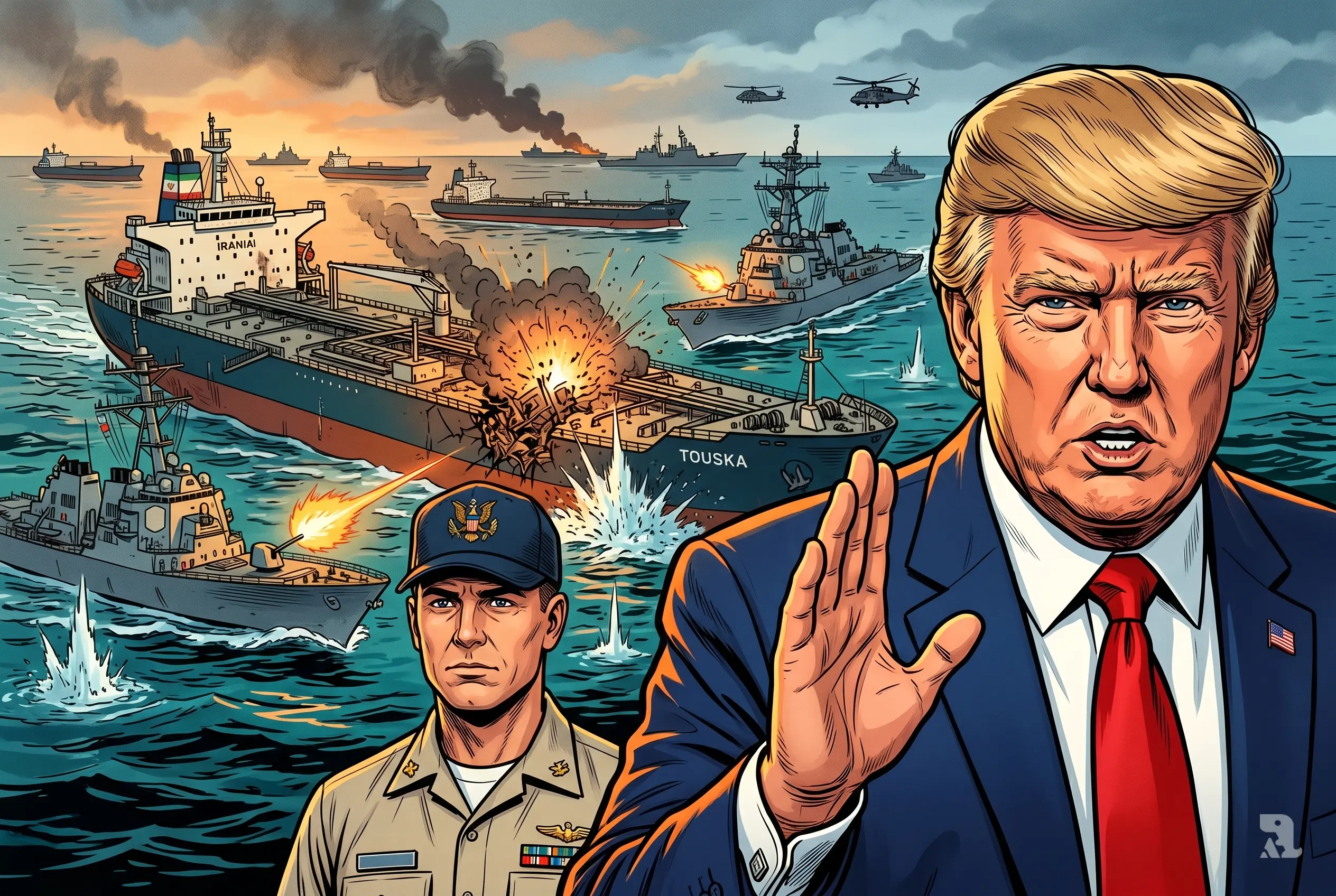 Donald Trump and US Navy officer in foreground as warships attack damaged Iranian cargo ship TOUSKA amid explosions and halted tankers in Strait of Hormuz.