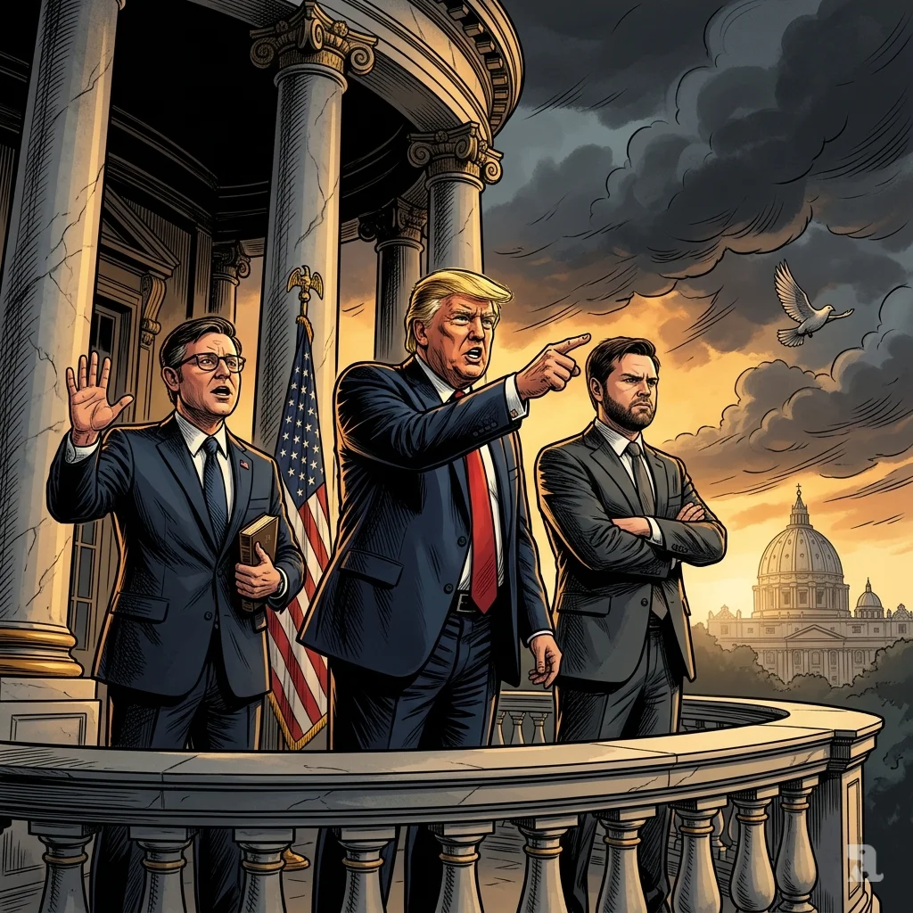 Trump, Vance, and Johnson stand on White House balcony under stormy sky, pointing toward distant Vatican dome.