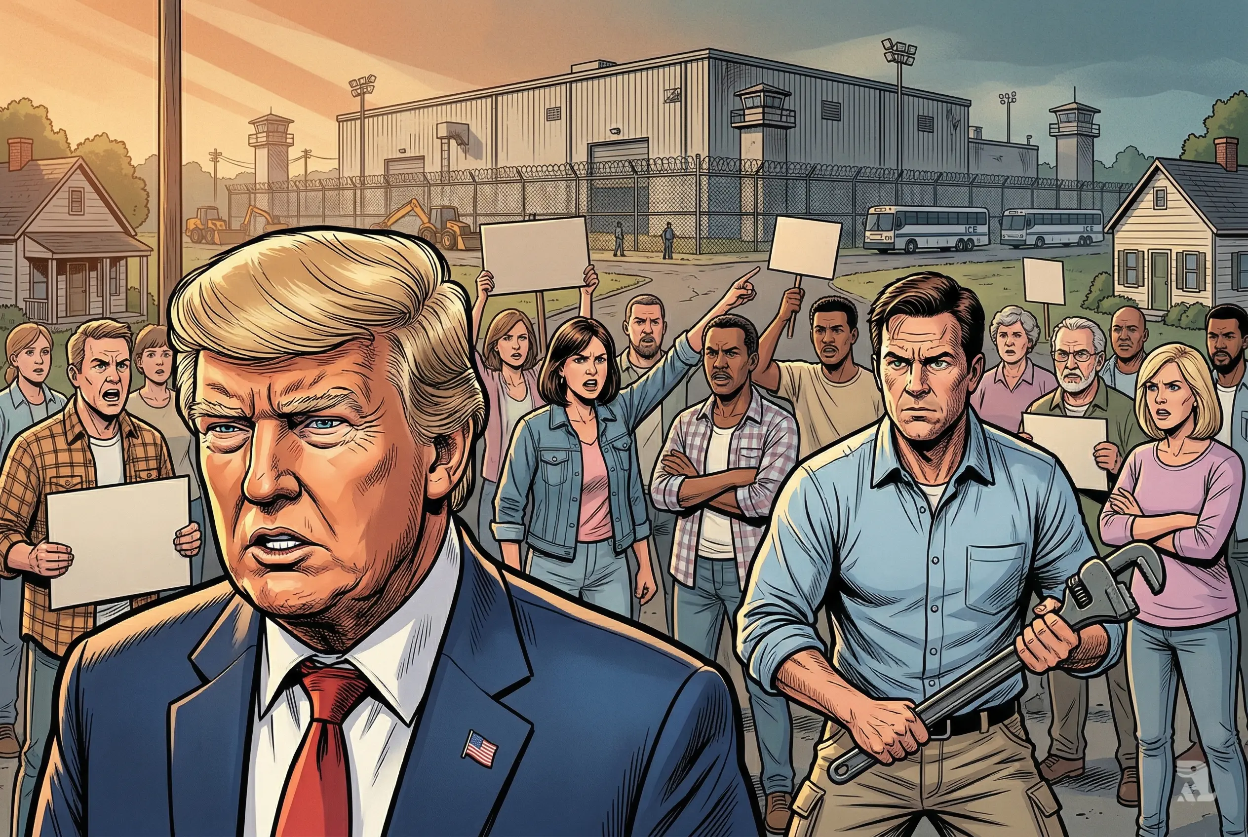 Trump faces resistance from Social Circle residents as city manager blocks ICE detention center, with protests and massive warehouse looming in the background.
