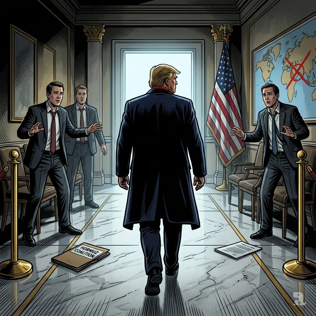 Trump walks away down White House corridor, back turned, allies and discarded Hormuz coalition folder behind him.