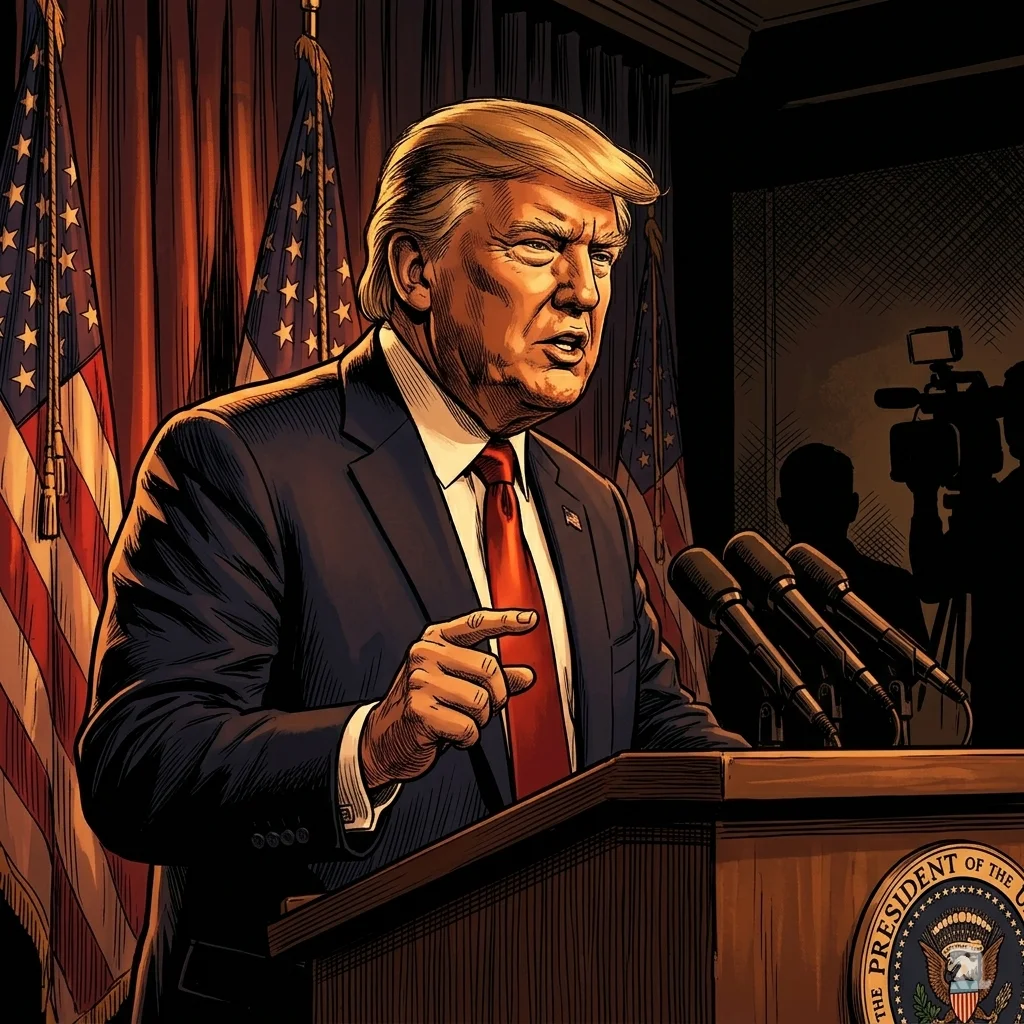 Donald Trump at White House podium, stern expression, gesturing firmly with American flags blurred in background.