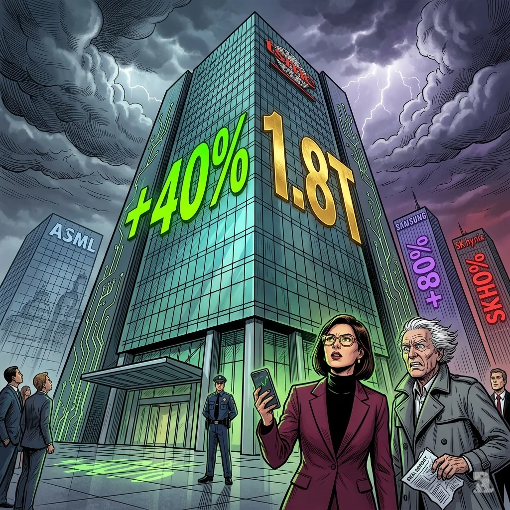 TSMC headquarters with +40% and 1.8T projections, ASML overshadowed; Samsung and SK Hynix towers surge. Investors react with awe and disbelief.