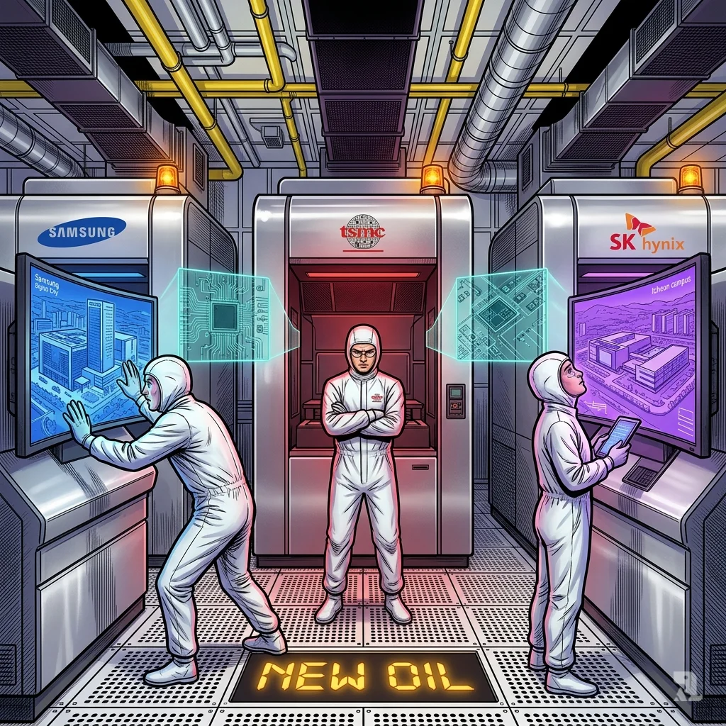 Three colossal EUV lithography machines branded TSMC, Samsung, SK Hynix dominate a cleanroom; technicians in bunny suits look on with intense focus. Oligopolistic power.