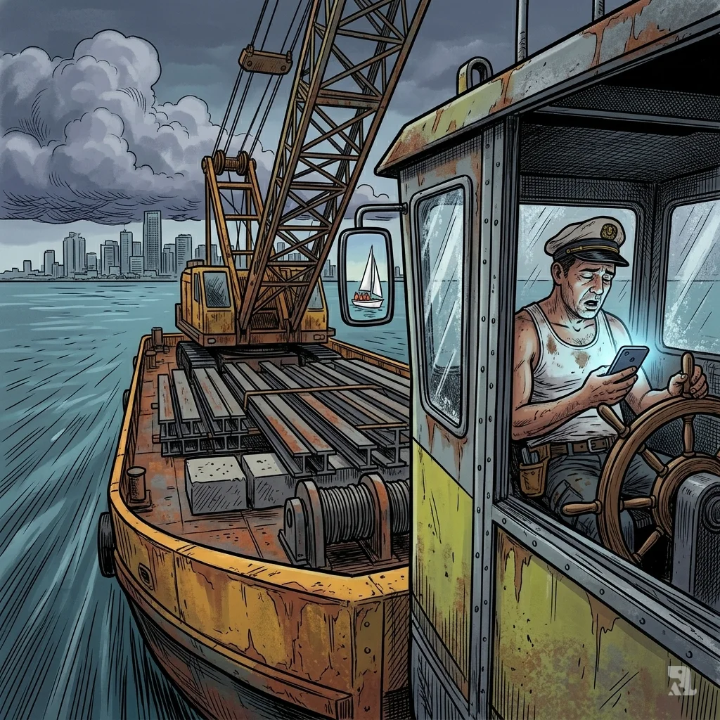 A massive rust-covered barge dominates the frame. Inside the wheelhouse, a distracted captain looks at a glowing smartphone, unaware of the small sailboat ahead.