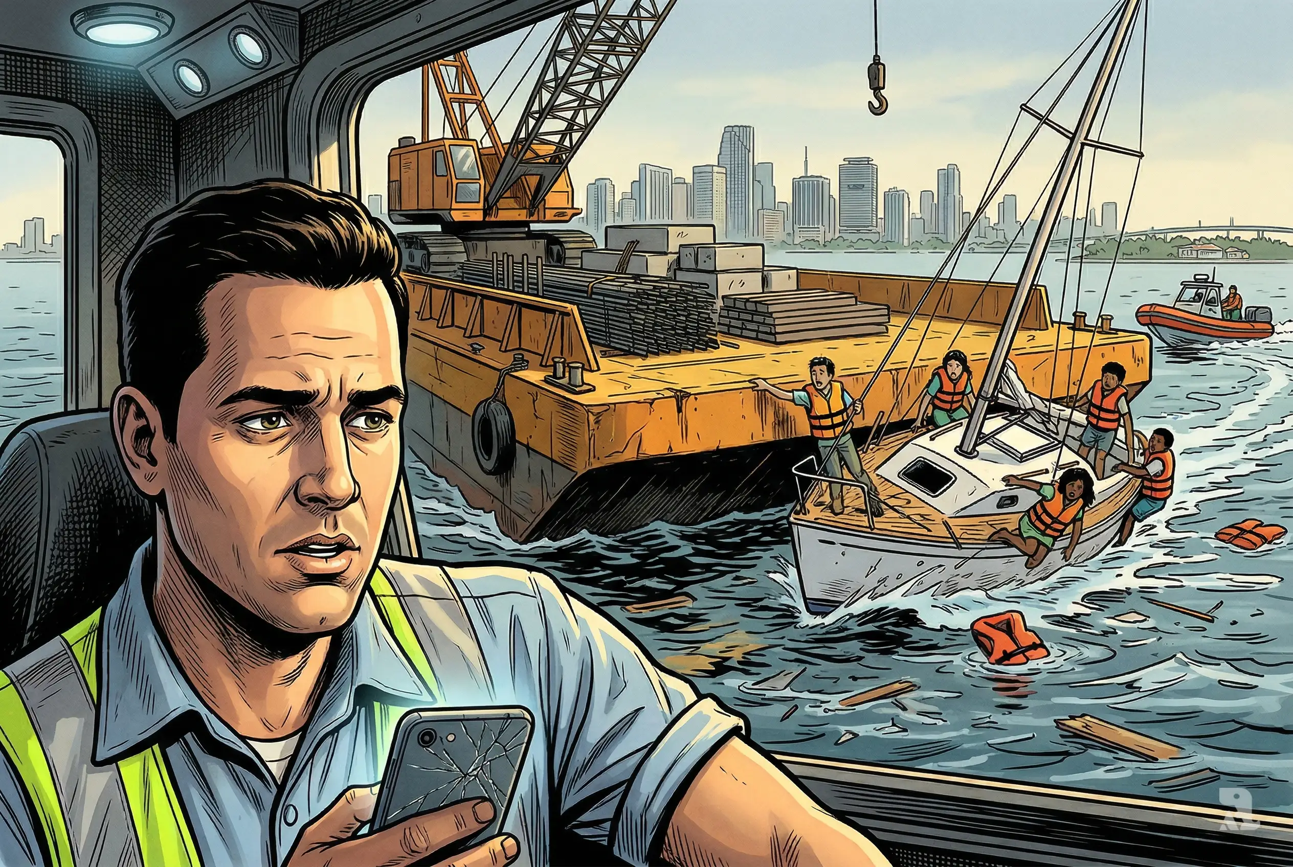Tugboat captain distracted by phone as barge crashes into sailboat with young girls in Biscayne Bay, chaotic water collision and trapped victims unfolding in dramatic scene.