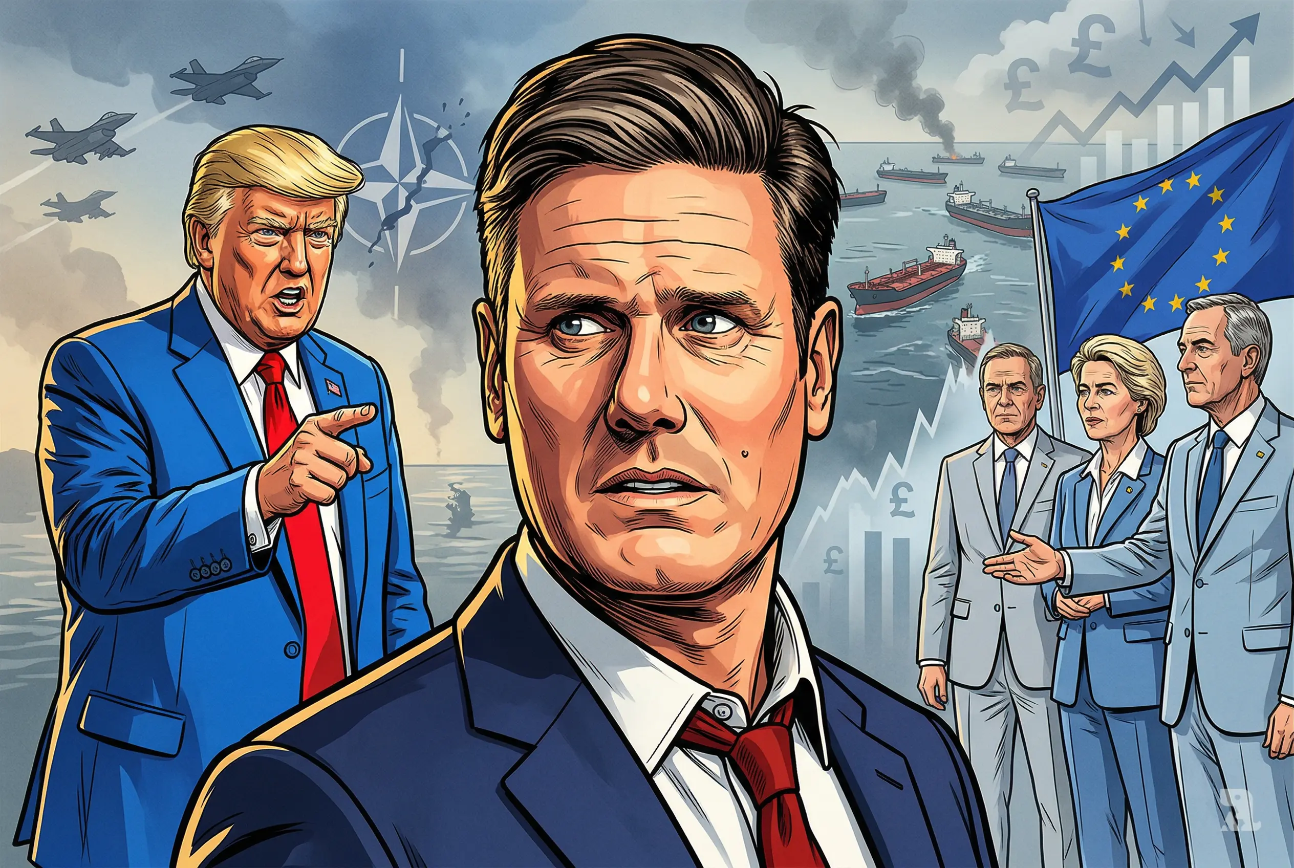 Keir Starmer caught between Trump and EU leaders as oil crisis unfolds in Strait of Hormuz, symbolizing UK’s geopolitical and economic pressure.