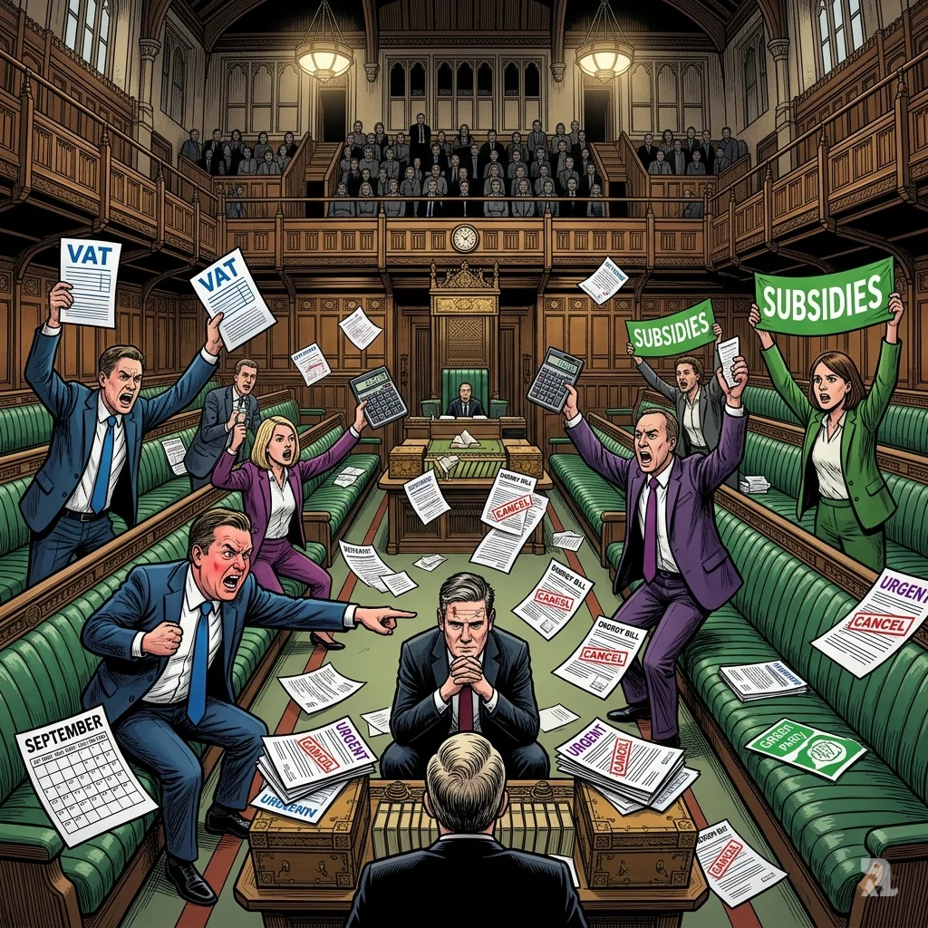 Chaotic House of Commons with opposition MPs waving VAT and energy documents at seated PM Starmer.