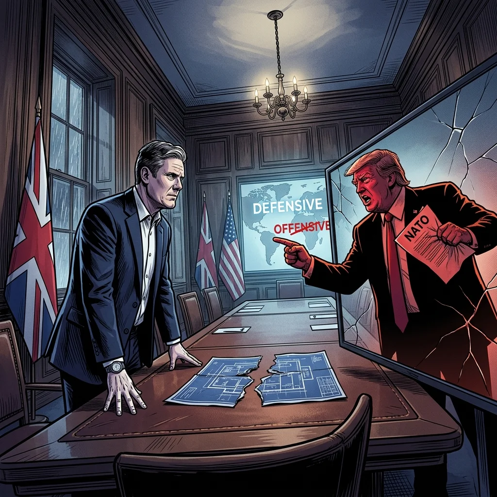 UK PM Keir Starmer stands rigid opposite Donald Trump's silhouette across a table with torn NATO documents.