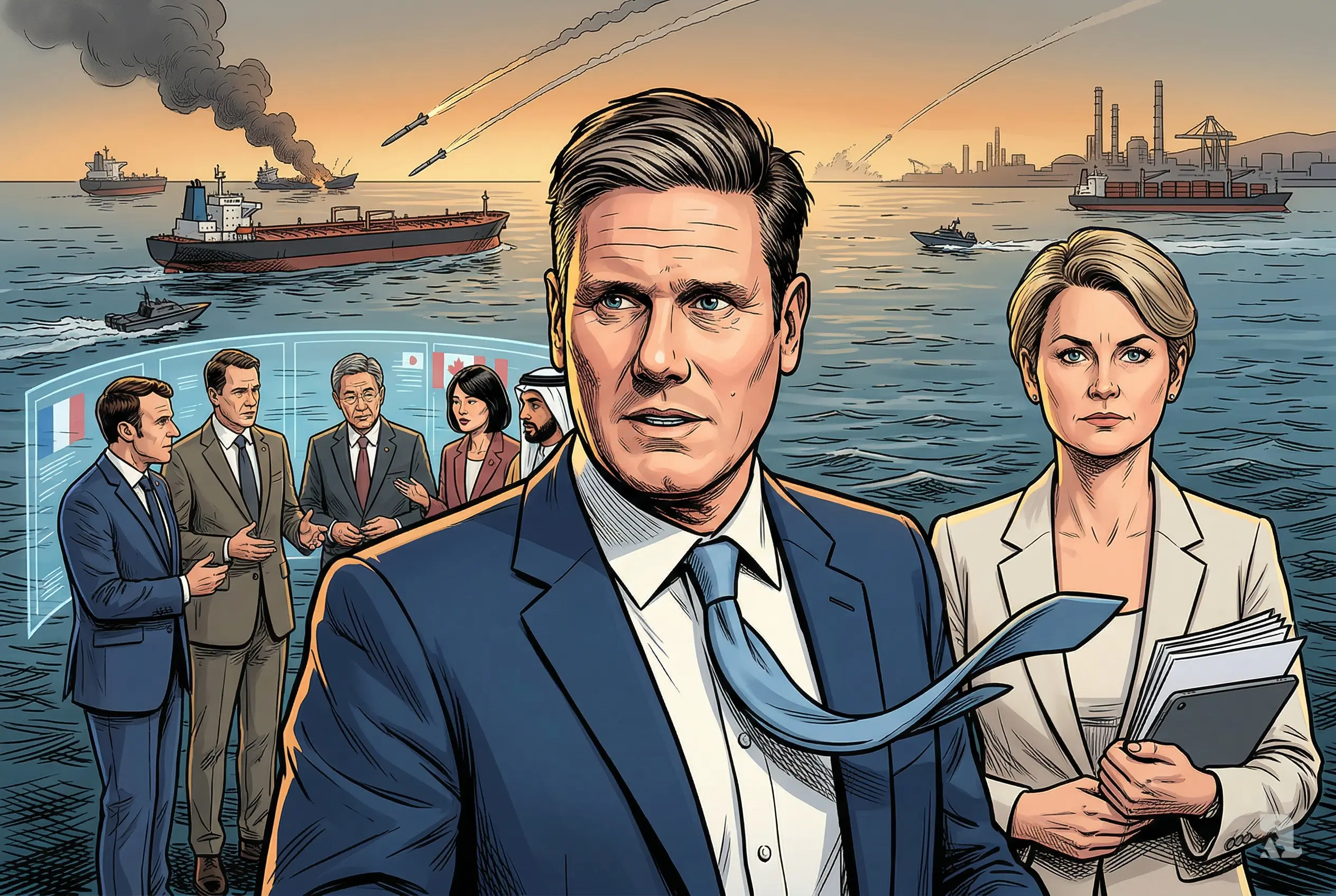UK Prime Minister Keir Starmer leads global response as oil tankers halt in Strait of Hormuz, with rising conflict and international leaders coordinating amid escalating crisis.