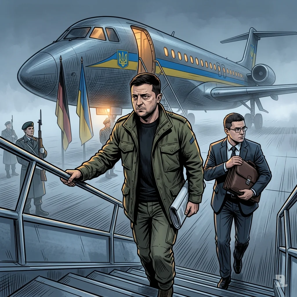Volodymyr Zelenskiy and Defence Minister Fedorov descend aircraft steps in morning mist at Berlin Tegel Airport for arms talks.