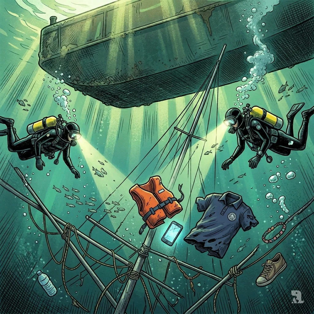 An underwater view beneath a dark barge hull. Rescue divers descend through beams of light toward three small figures in orange life vests floating motionless below.