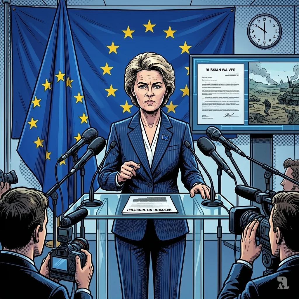 Ursula von der Leyen speaks at EU podium with flag backdrop; document reads "Pressure on Russia" on podium.