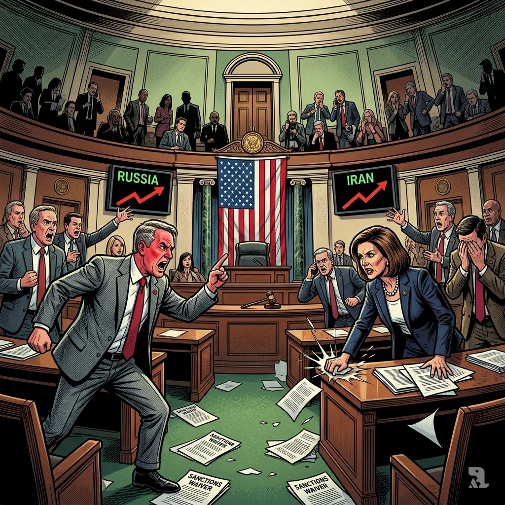 Lawmakers from both parties gesture angrily on House floor over sanctions documents; American flag hangs askew.