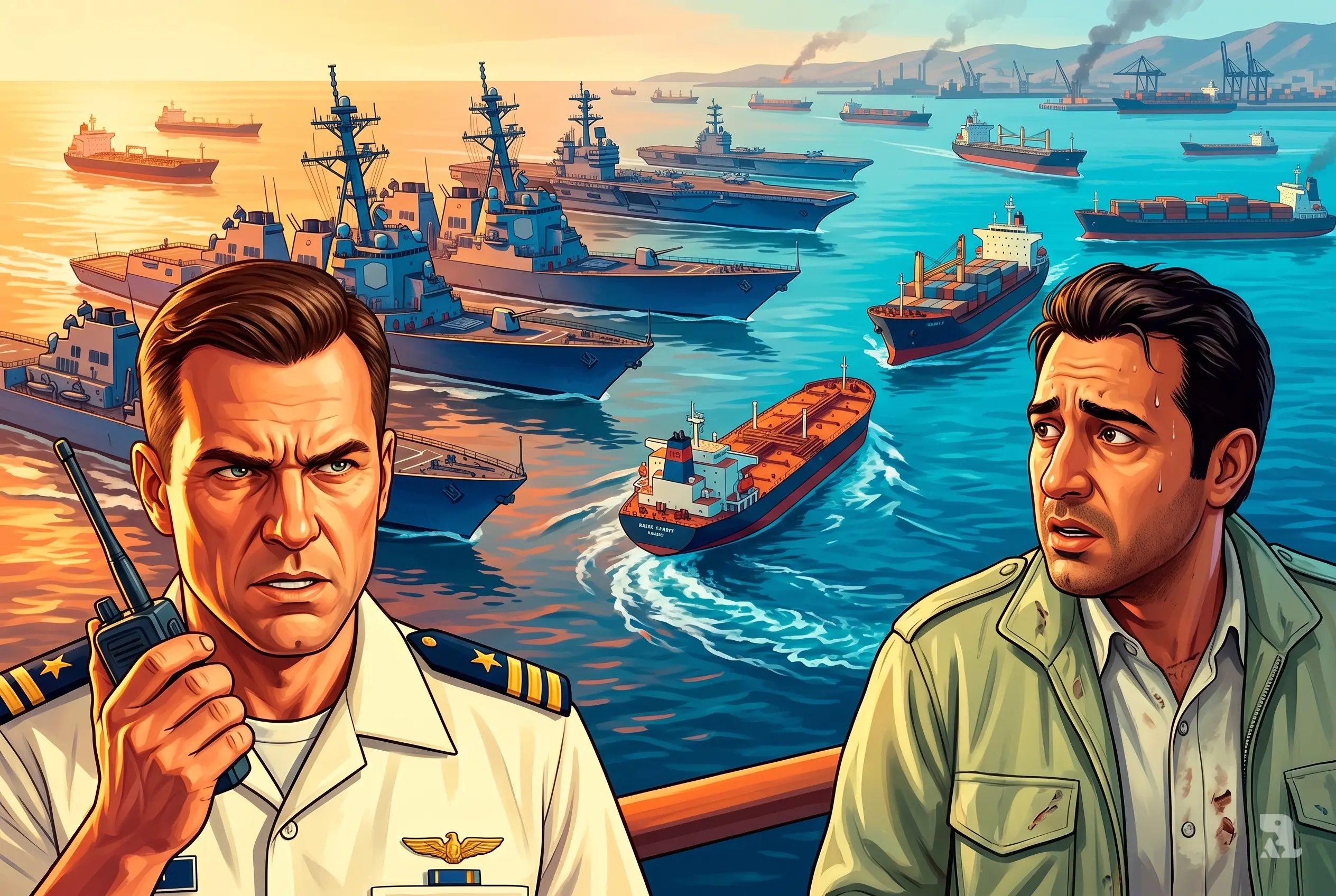 U.S. naval officer confronts Iranian ship captain as American warships block Strait of Hormuz, while oil tankers reverse amid tense global shipping disruption and uncertainty.