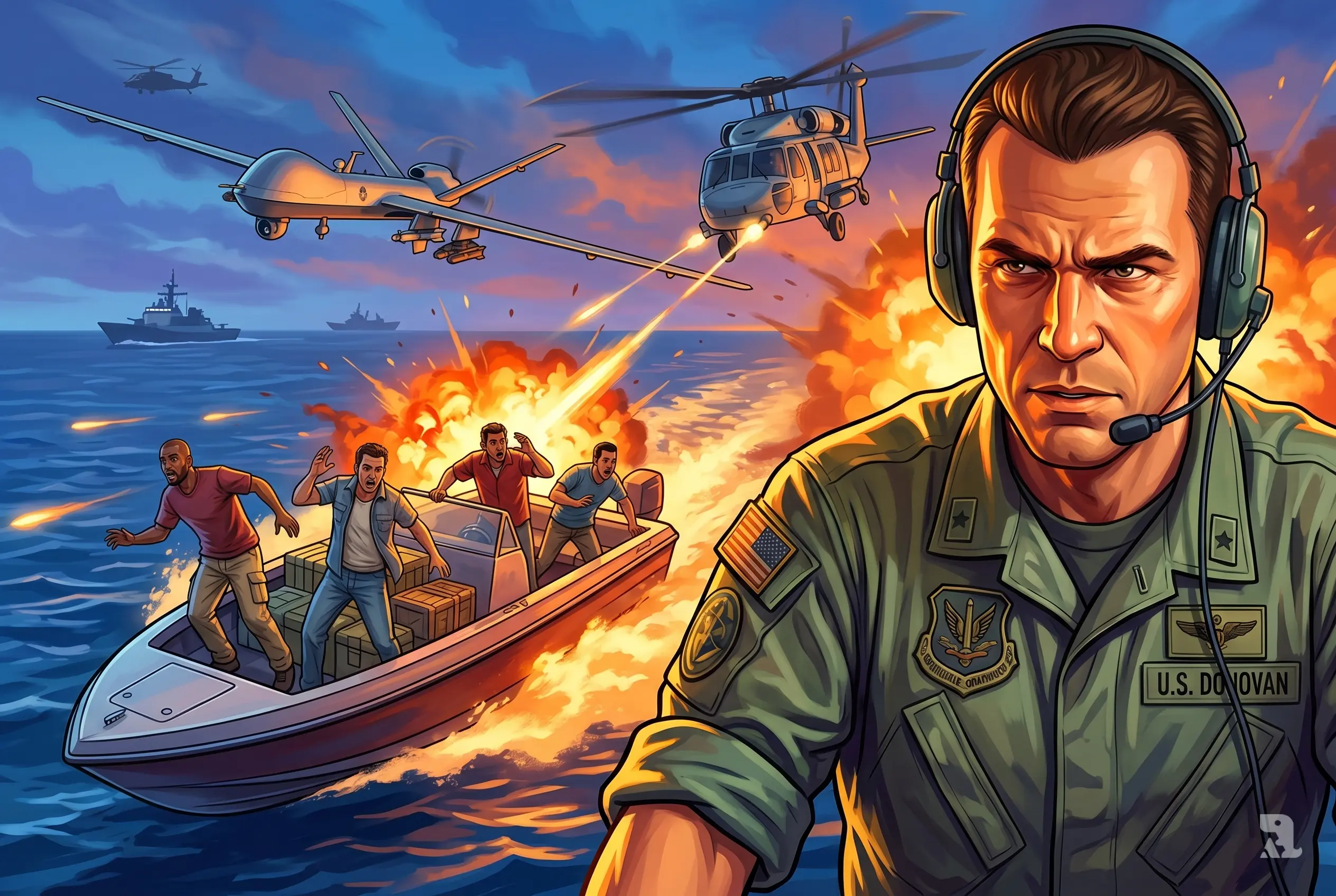 US General Francis Donovan directs a military strike as drones attack a drug-smuggling boat in the Eastern Pacific, causing fiery explosions and chaos at sea.