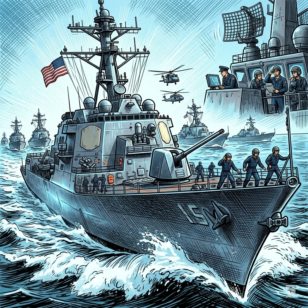 American naval destroyer fleet advances through Gulf of Oman in battle formation asserting military presence.
