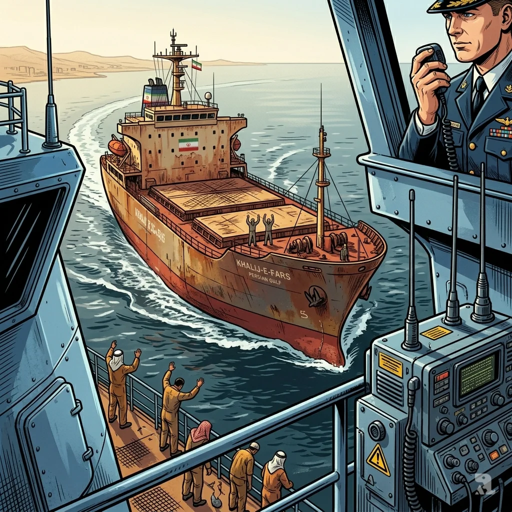 Merchant vessel complies turning back toward Iran as US warship monitors from bridge perspective.