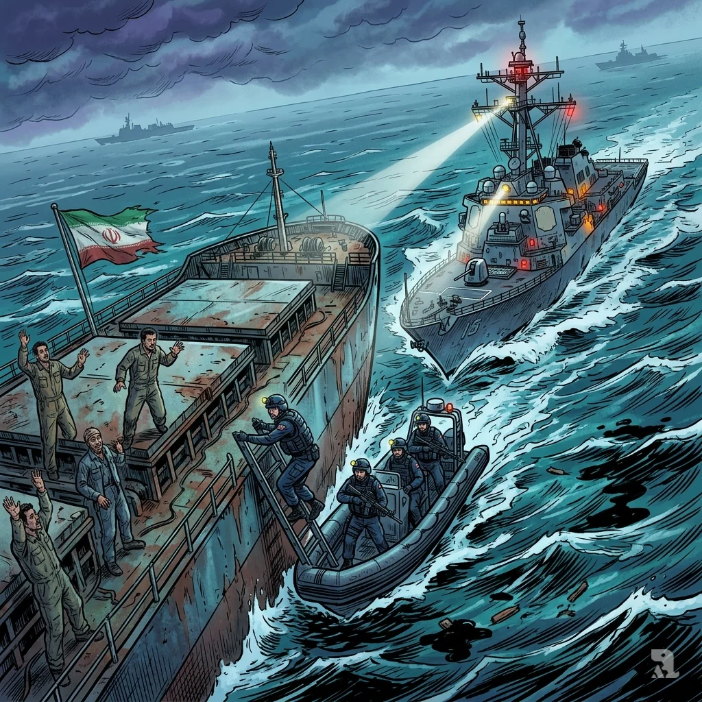 Aerial view of a US Navy destroyer intercepting an Iranian cargo ship in rough Persian Gulf waters as armed sailors board from a rigid inflatable boat.