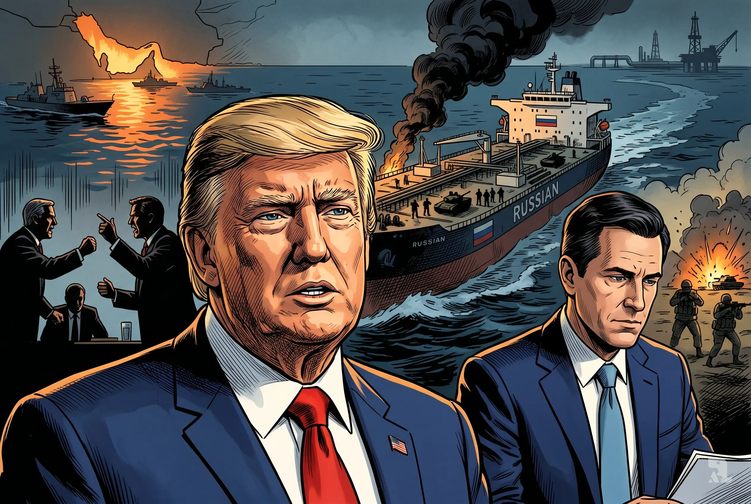 Donald Trump and Treasury Secretary Bessent foreground with oil tanker, war battlefield, and Strait of Hormuz behind, symbolizing US policy fueling Russia-Ukraine conflict tensions.