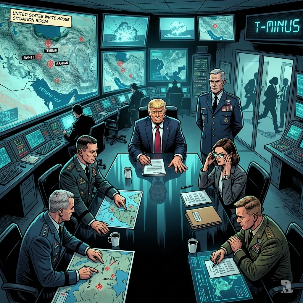 Aerial view of White House Situation Room: President Trump, military advisors, and tactical screens with Iran strike targets and countdown clock.