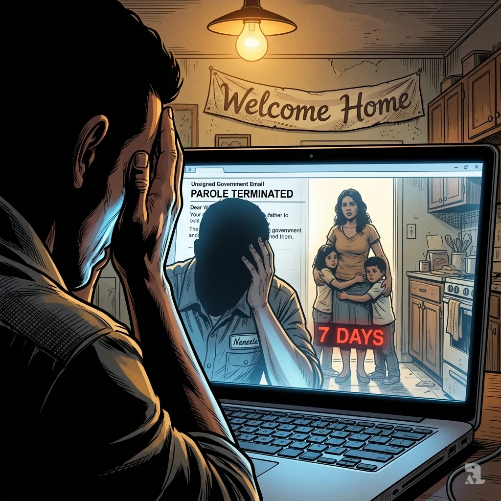 Laptop screen shows "PAROLE TERMINATED" email. Venezuelan father silhouette, family in kitchen doorway.