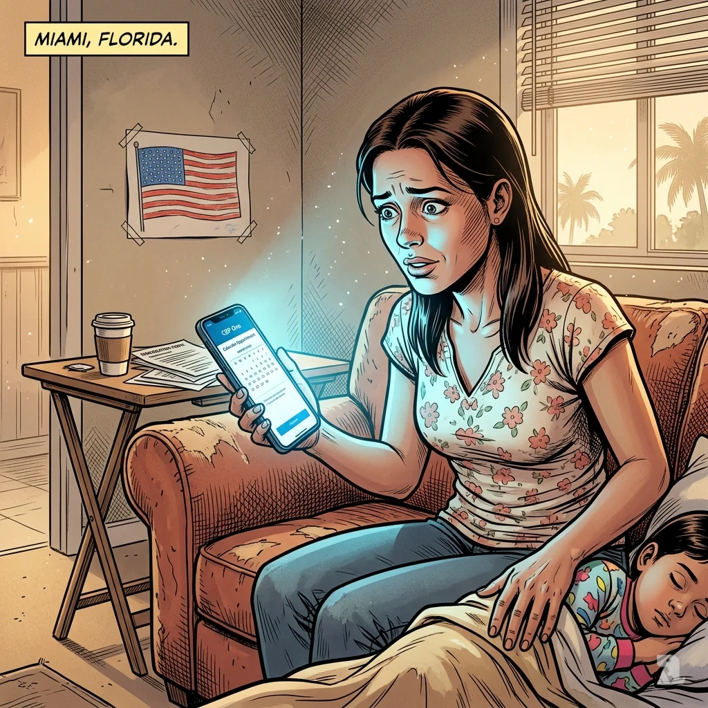 Venezuelan mother on couch, face lit by phone showing CBP One appointment. Child sleeps beside her. Hope in Miami apartment.