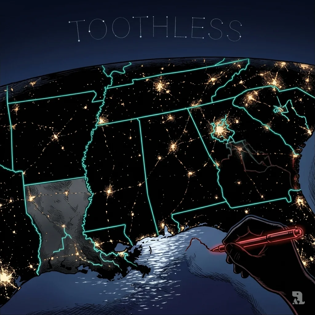 Aerial night view of the American South shows majority-Black congressional districts fading, a hand redrawing boundaries, and the word "TOOTHLESS" in the sky.