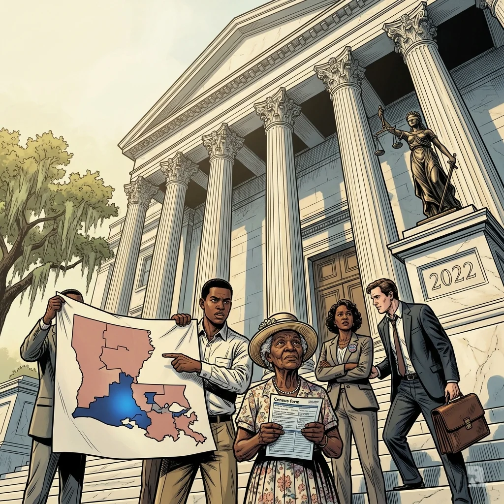 Low-angle view of Baton Rouge federal courthouse. Black voters and advocates hold Census forms and a map showing one majority-Black district in Louisiana, 2022.