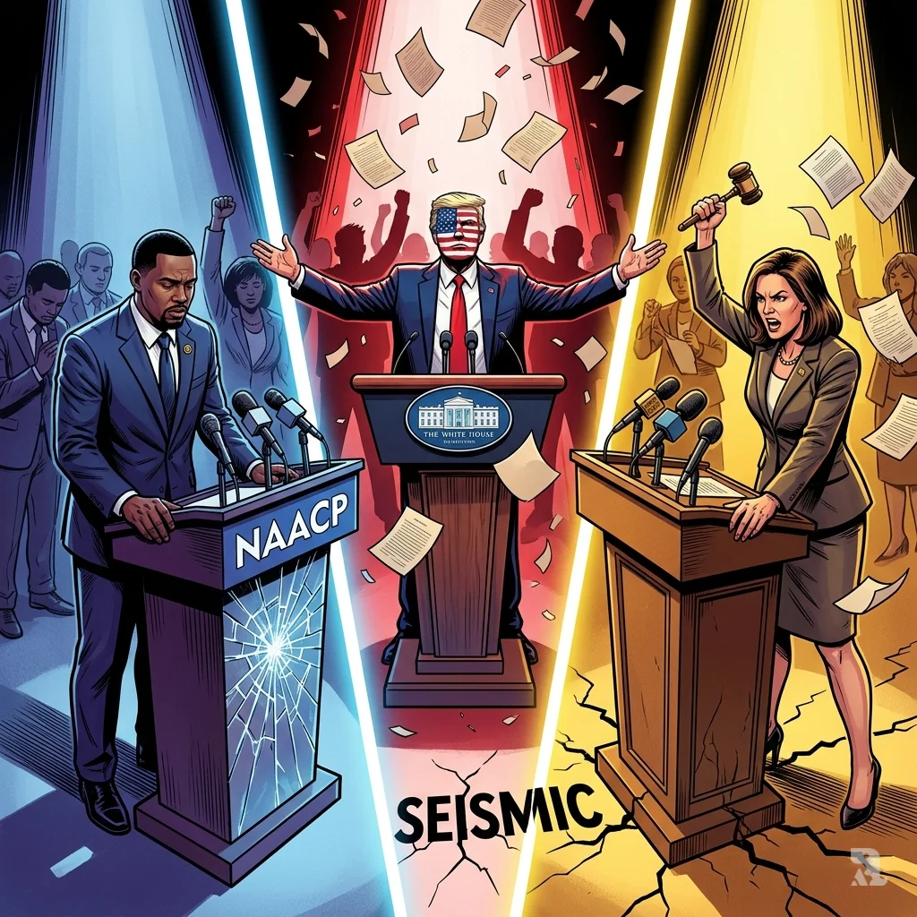 Triptych: NAACP's Derrick Johnson in shattered-glass grief, White House spokesperson triumphant, Louisiana AG Liz Murrill with seismic cracks after Supreme Court ruling.