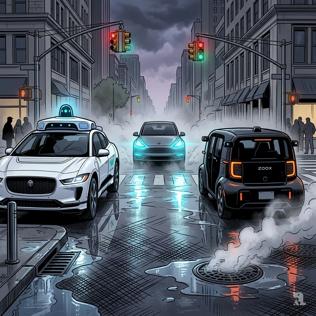 Waymo, Zoox, and Tesla autonomous vehicles face off at wet urban intersection under conflicting traffic signals.