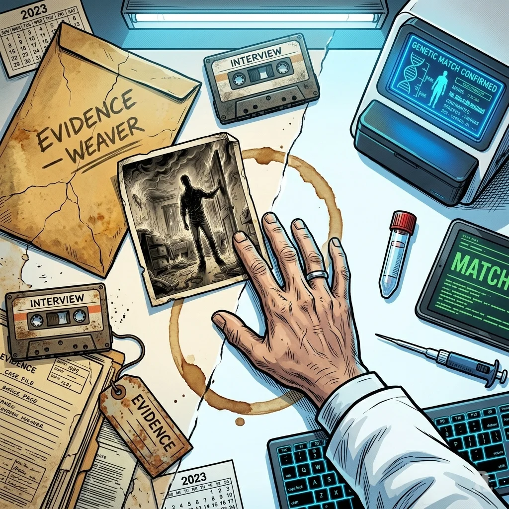 Overhead view of 1984 Weaver case files beside modern DNA sequencer showing genetic match.