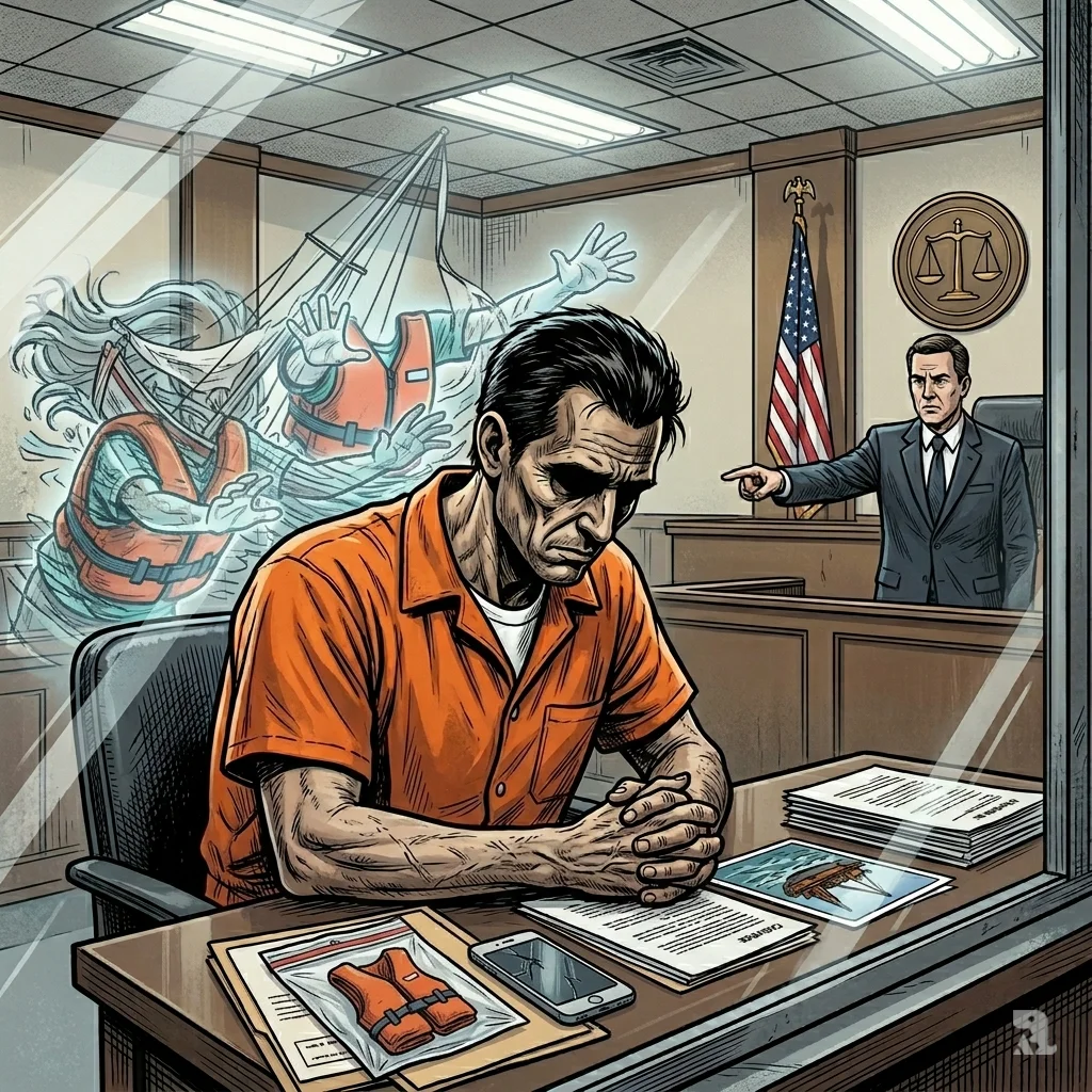 A man in an orange prison jumpsuit sits hunched at a courtroom defense table. A ghostly reflection of three drowning children appears in the glass behind him.
