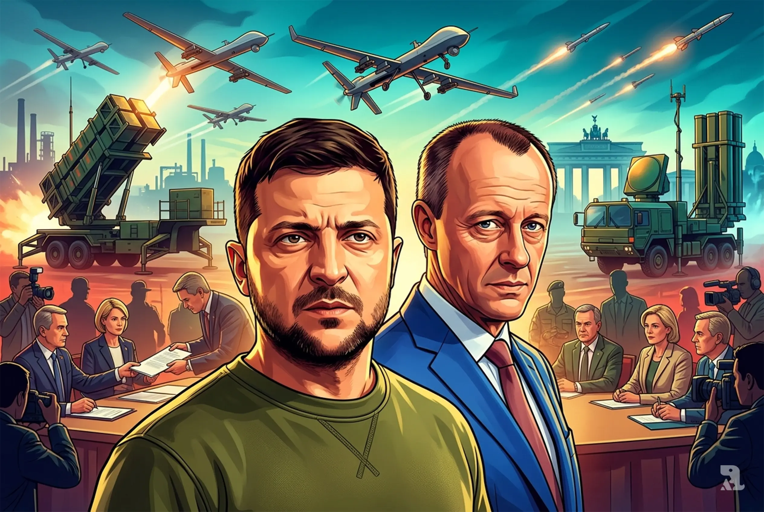 Zelenskyy and German Chancellor Friedrich Merz in Berlin foreground with tense expressions as drones, missile systems, and defense infrastructure fill a vivid high-stakes military backdrop.