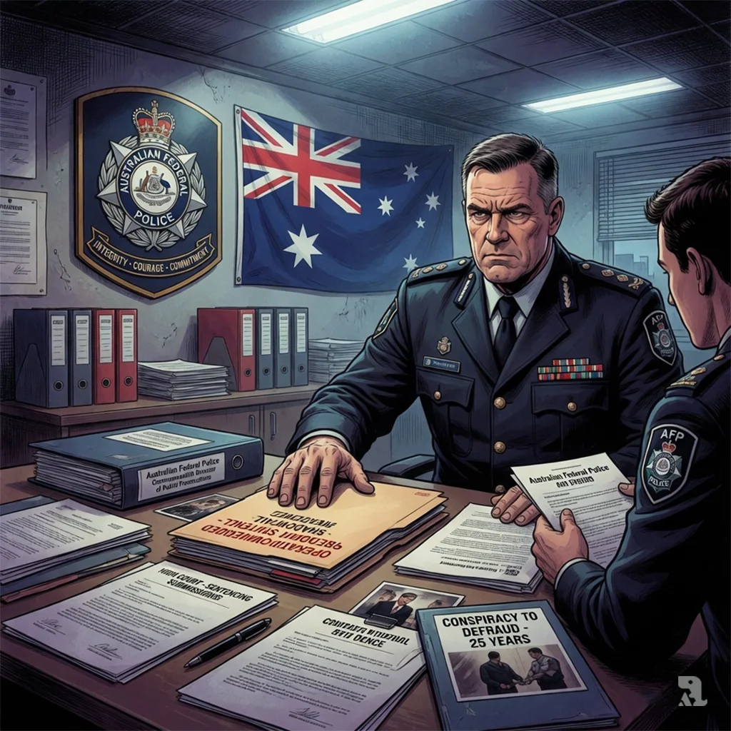 AFP Assistant Commissioner Stephen Nutt stands over case files at headquarters, his expression grave and resolute.