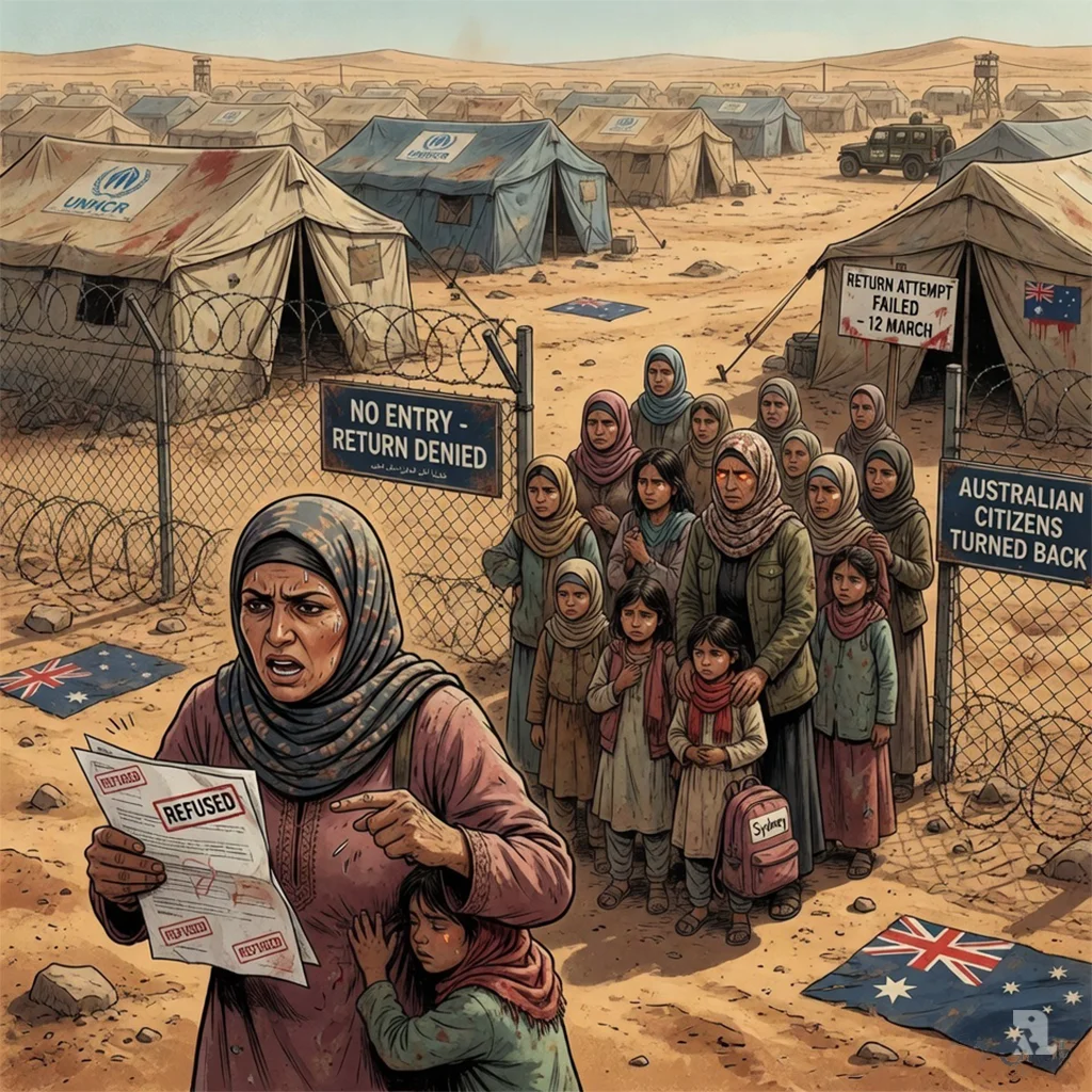 At Syria's Al-Roj camp, Australian women and children hold documents after being turned back, visibly frustrated and exhausted.