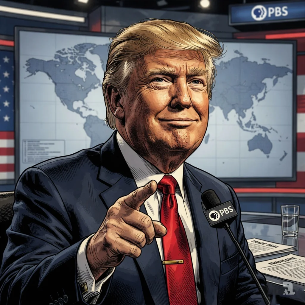 Donald Trump speaks in PBS television studio, confident hand gesture, American flag motif visible in background.