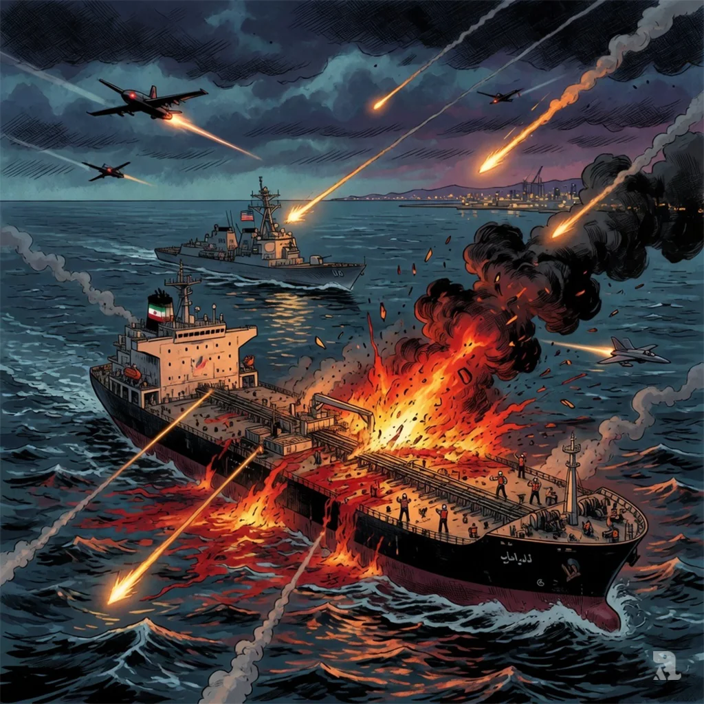 Nighttime attack: Iranian-flagged tanker ablaze in Arabian Sea near UAE, US destroyer fires missile and drones arc overhead.