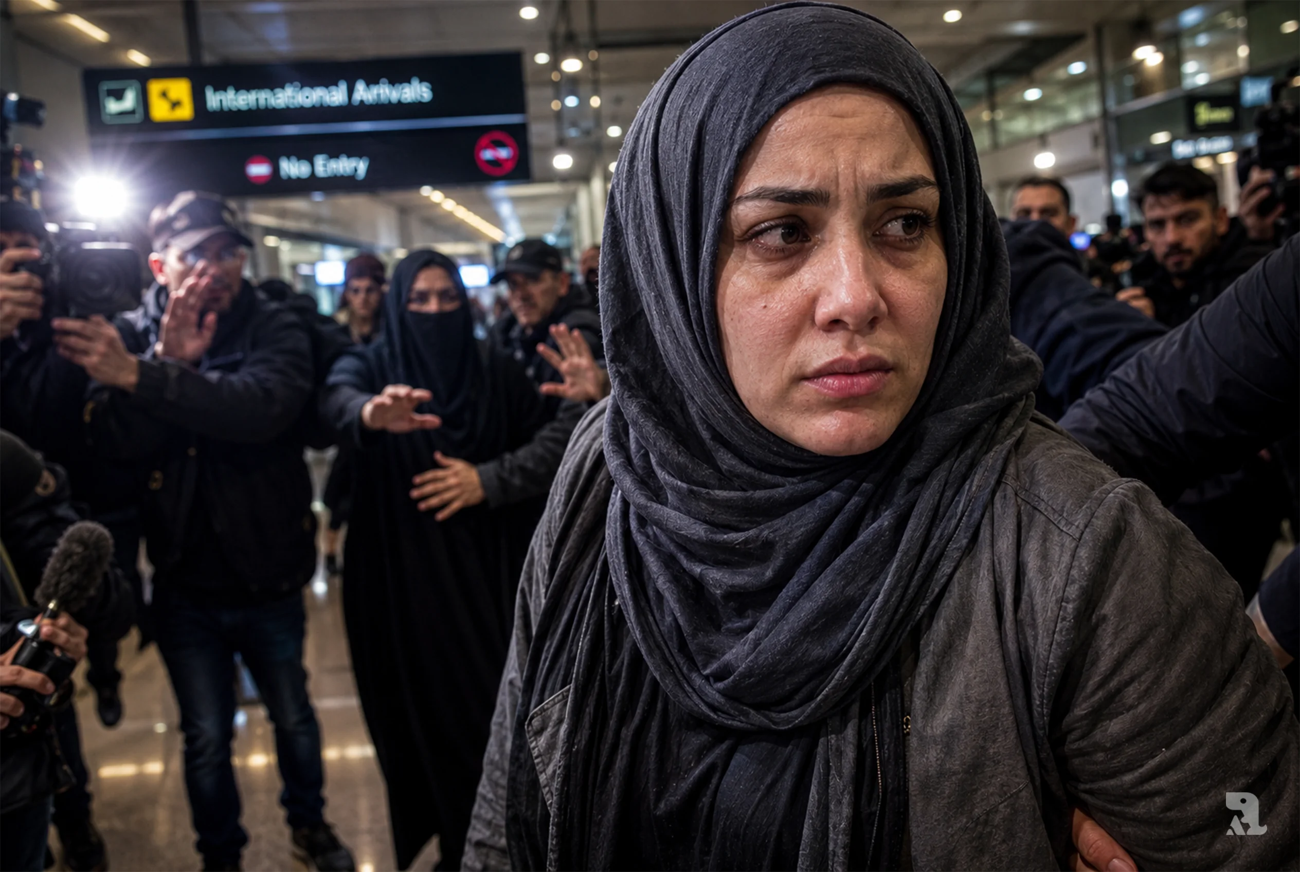 Australian woman linked to Islamic State escorted through Melbourne airport while masked men shield another returning family member from aggressive media cameras.