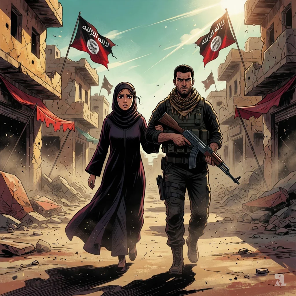 Janai Safar in a black hijab walks beside her armed husband under black IS flags in a Syrian conflict zone.
