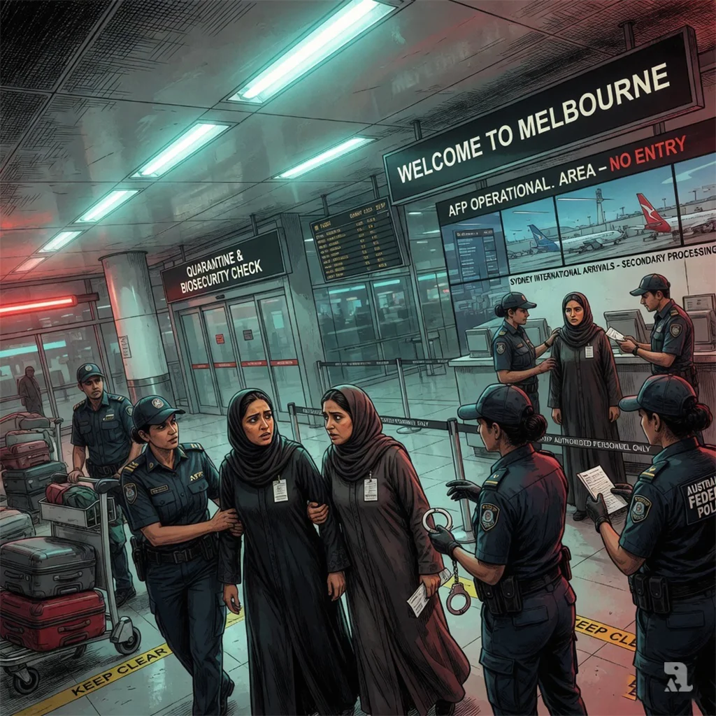 AFP officers detain two women in hijabs at Melbourne Airport arrivals gate, while another woman is held at Sydney airport.
