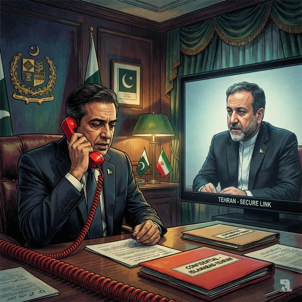 Pakistani Foreign Minister Dar speaks on red phone while Iranian Foreign Minister Araghchi appears on video screen in diplomatic mediation.