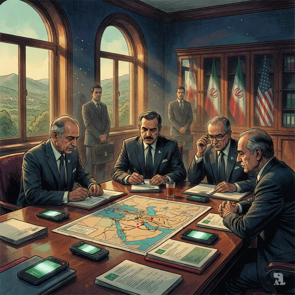 Pakistani officials in Islamabad diplomatic chamber study a Middle East map marked with red pins on Tehran and Washington, satellite phones nearby.