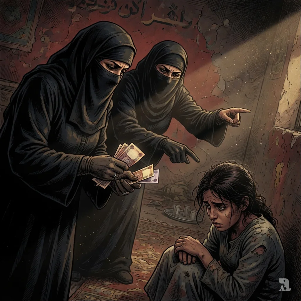 In Raqqa, two women in niqabs count money over an enslaved woman bowed in fear.