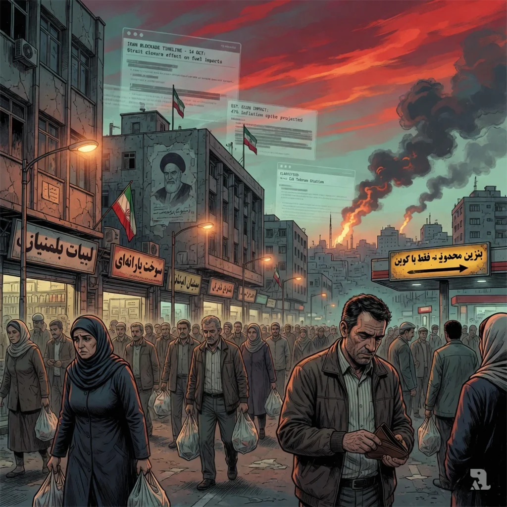 Tehran civilians queue for fuel at dusk under economic strain, with ghostly overlay of Lebanon conflict and blockade timeline.