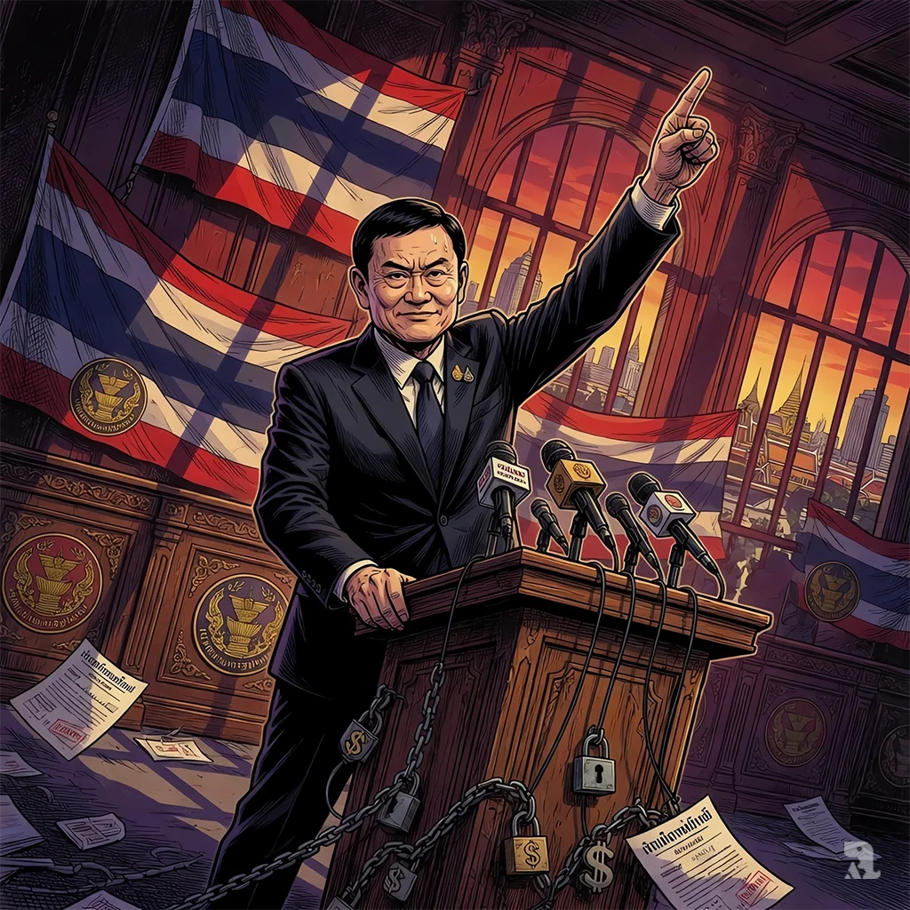 Former Thai PM Thaksin Shinawatra, 76, stands at an ornate government podium in Bangkok, flanked by national flags, legal documents, and encroaching shadows of corruption.