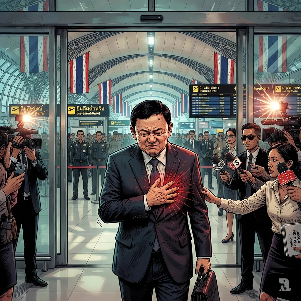 Thaksin Shinawatra arrives at Bangkok Suvarnabhumi Airport, clutching his chest in sudden distress amid media flashes and security, his prison sentence looming heavily.