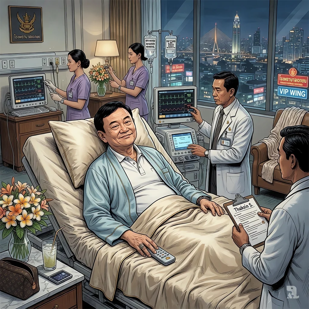 Thaksin Shinawatra reclines in a luxury VIP hospital suite in Bangkok, attended by doctors, the privileged setting starkly contrasting with his avoided prison term.