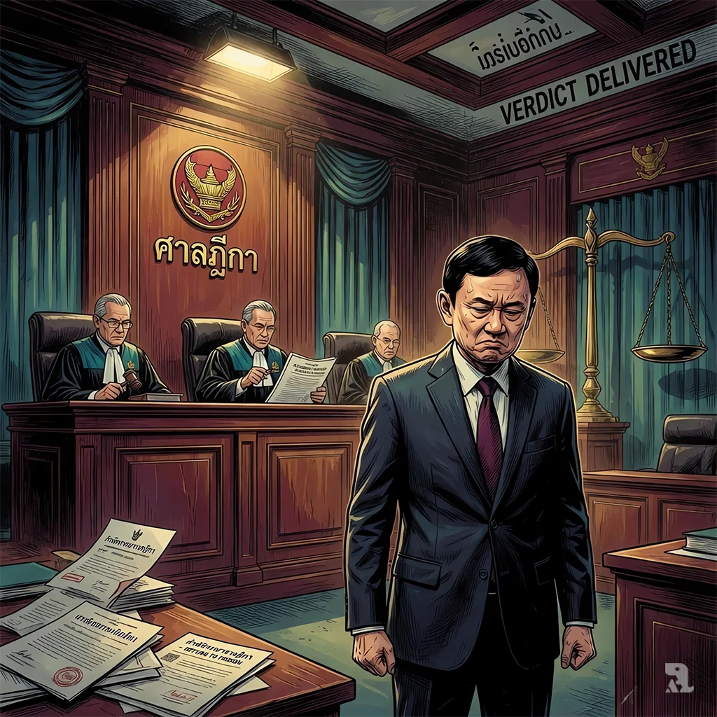 Thaksin Shinawatra stands rigid in Bangkok’s Supreme Court as judges deliver a ruling ordering his return to prison, with broken legal scales in shadow behind him.